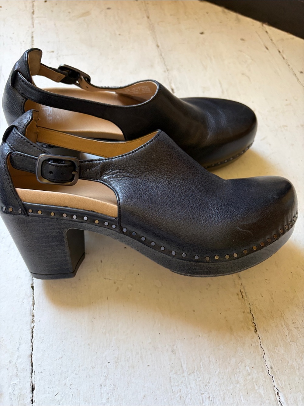 Dansko Black Leather Buckle Slingback Clogs with Stud Trim